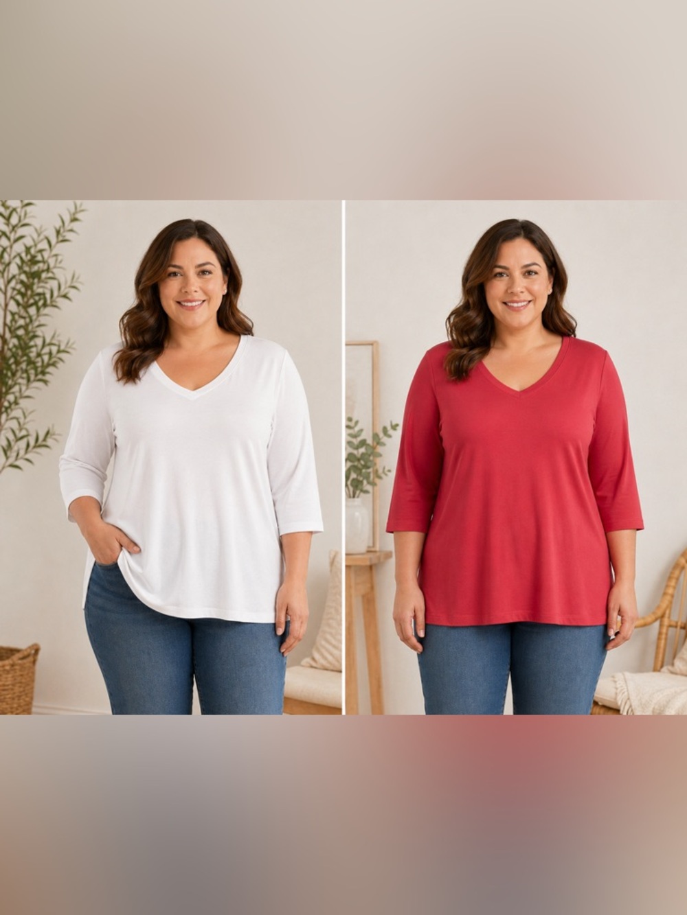 Set of Two - St. John's Bay V-Neck Three Quarter Sleeve Tees in White and Red 1X - Picture 2 of 10